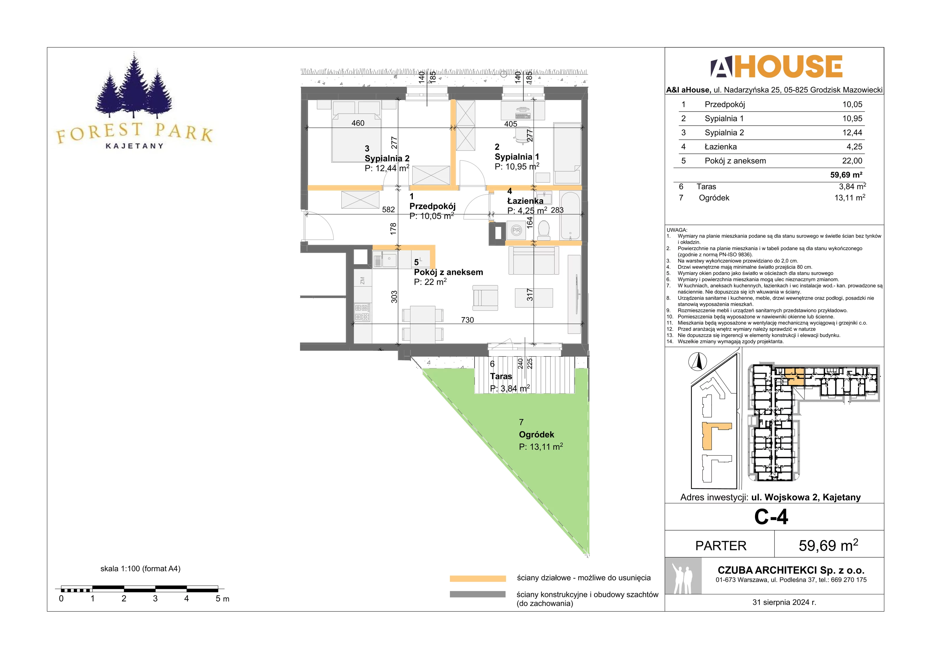 3 pokoje, mieszkanie 59,69 m², parter, oferta nr C-4, Forest Park Kajetany, Kajetany, ul. Wojskowa 2
